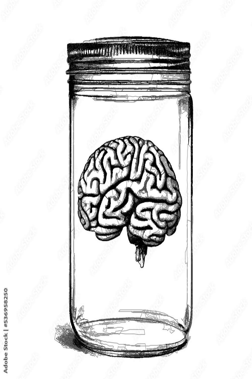 Human brain in a jar. Doodle sketch. Vector illustration