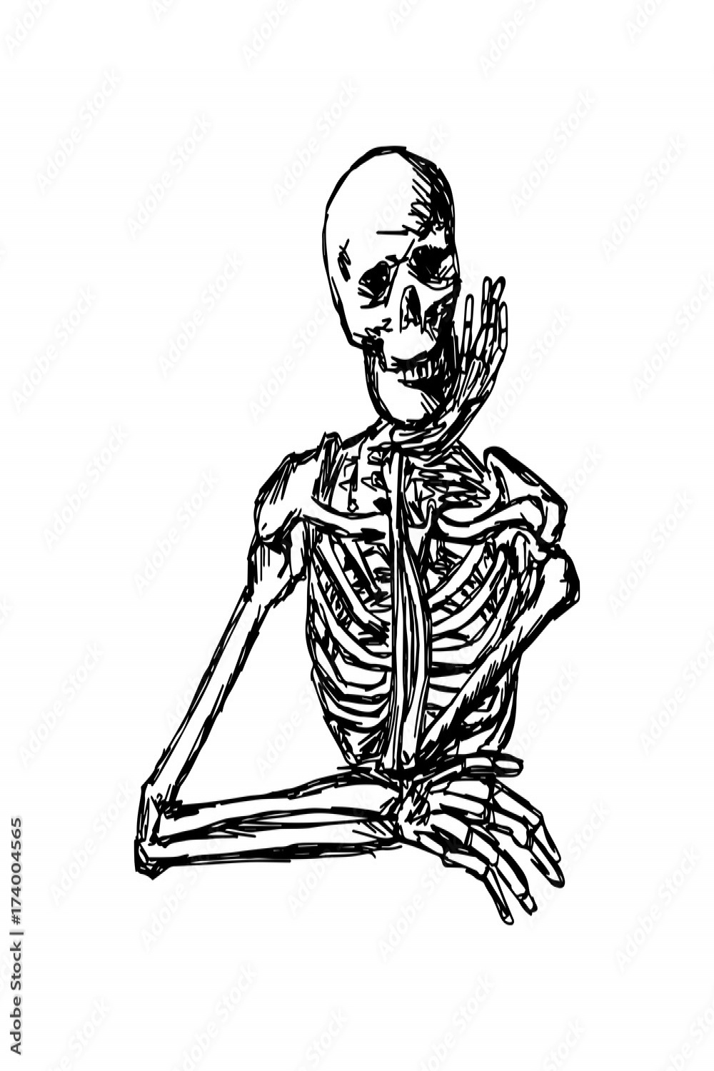 human skeleton keeping hand on chin vector illustration sketch