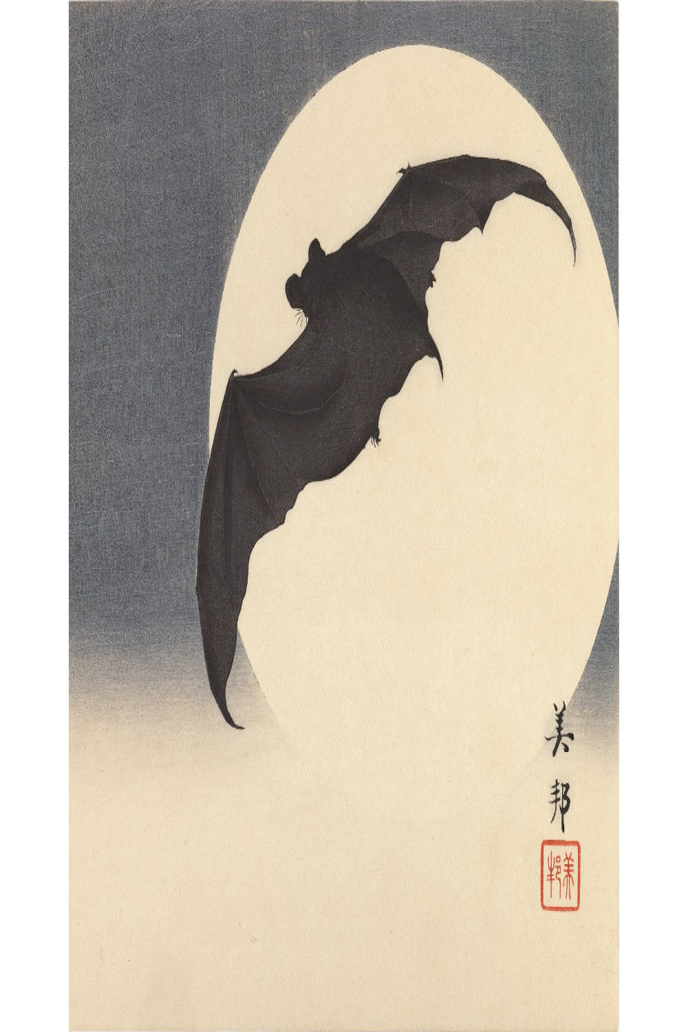 Japanese Bat painting, Full moon art print, Biho Takashi, Antique