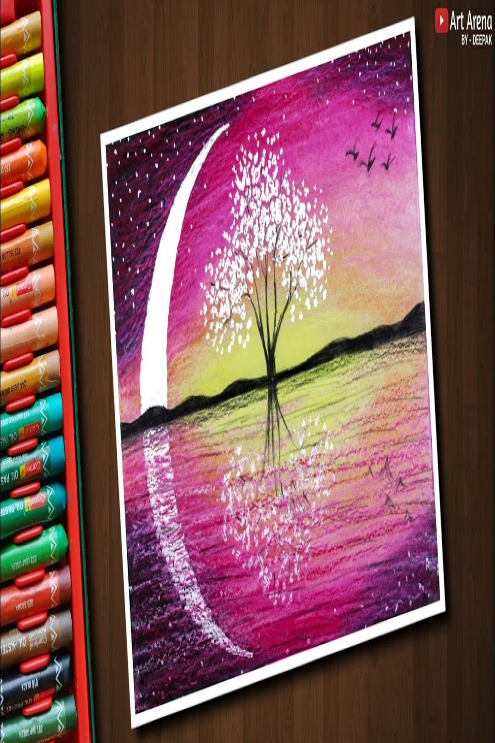 Magical Tree Landscape drawing with Oil Pastels - step by step