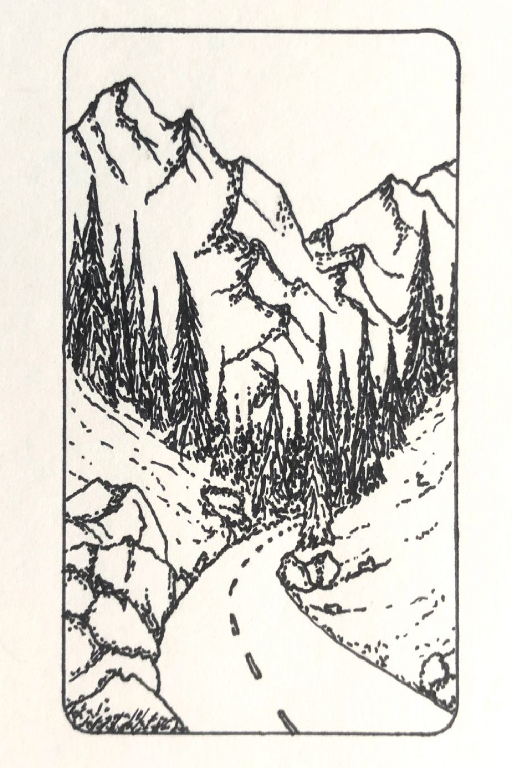 Mountain road drawing  Doodle art designs, Mountain drawing