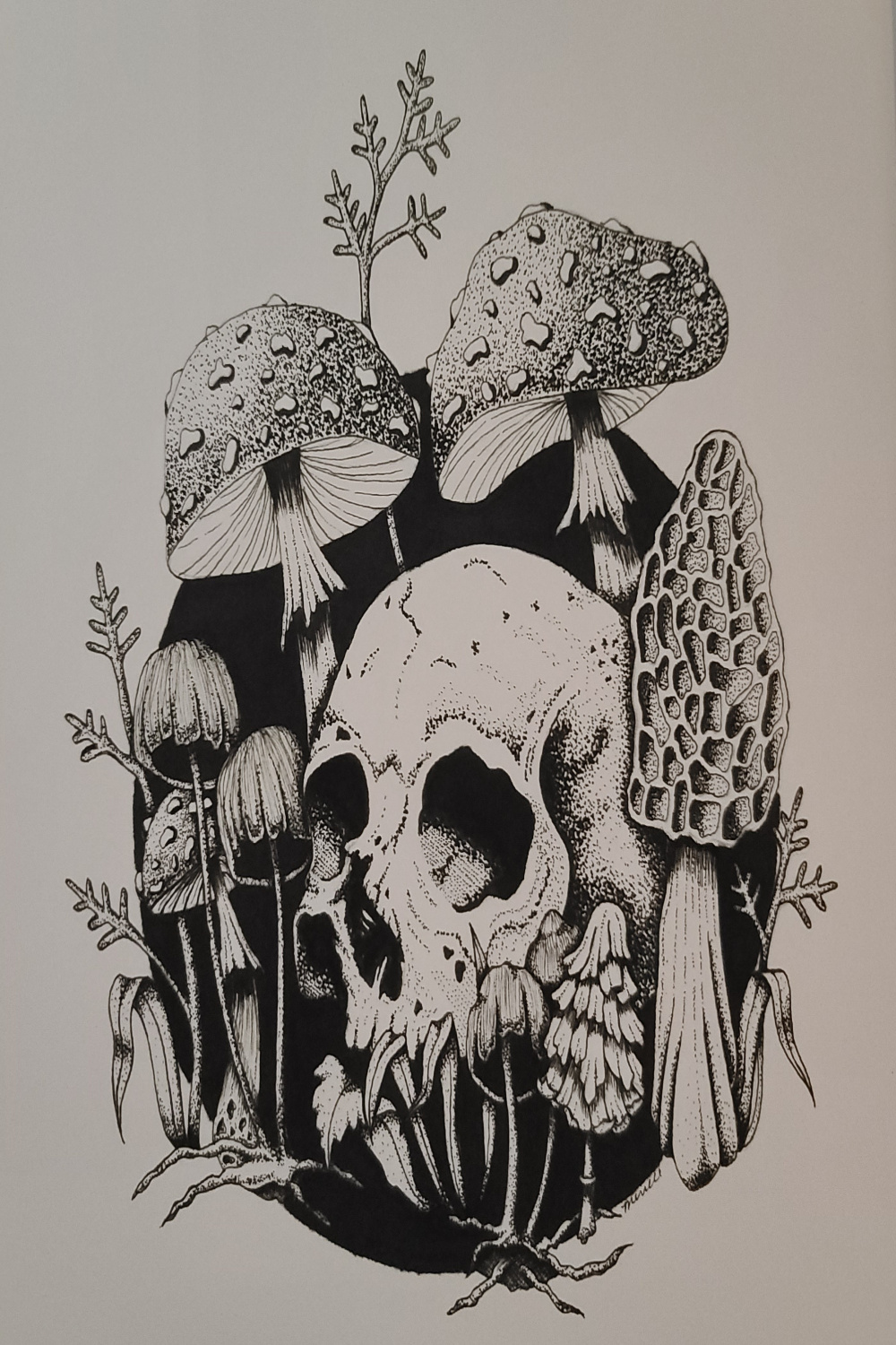 Mushroom and Skull Print, Stippling Art, Skulls and Nature, Dark