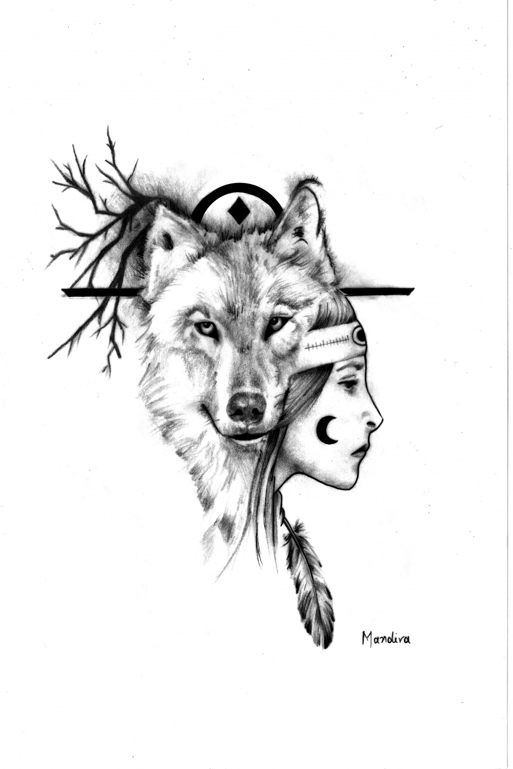 Native american girl with wolf realistic tattoo design by Mandira