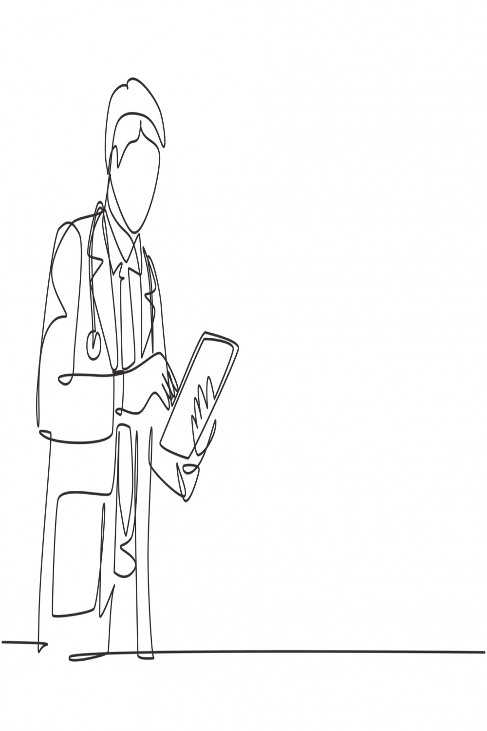 One single line drawing of young male doctor pose standing to read