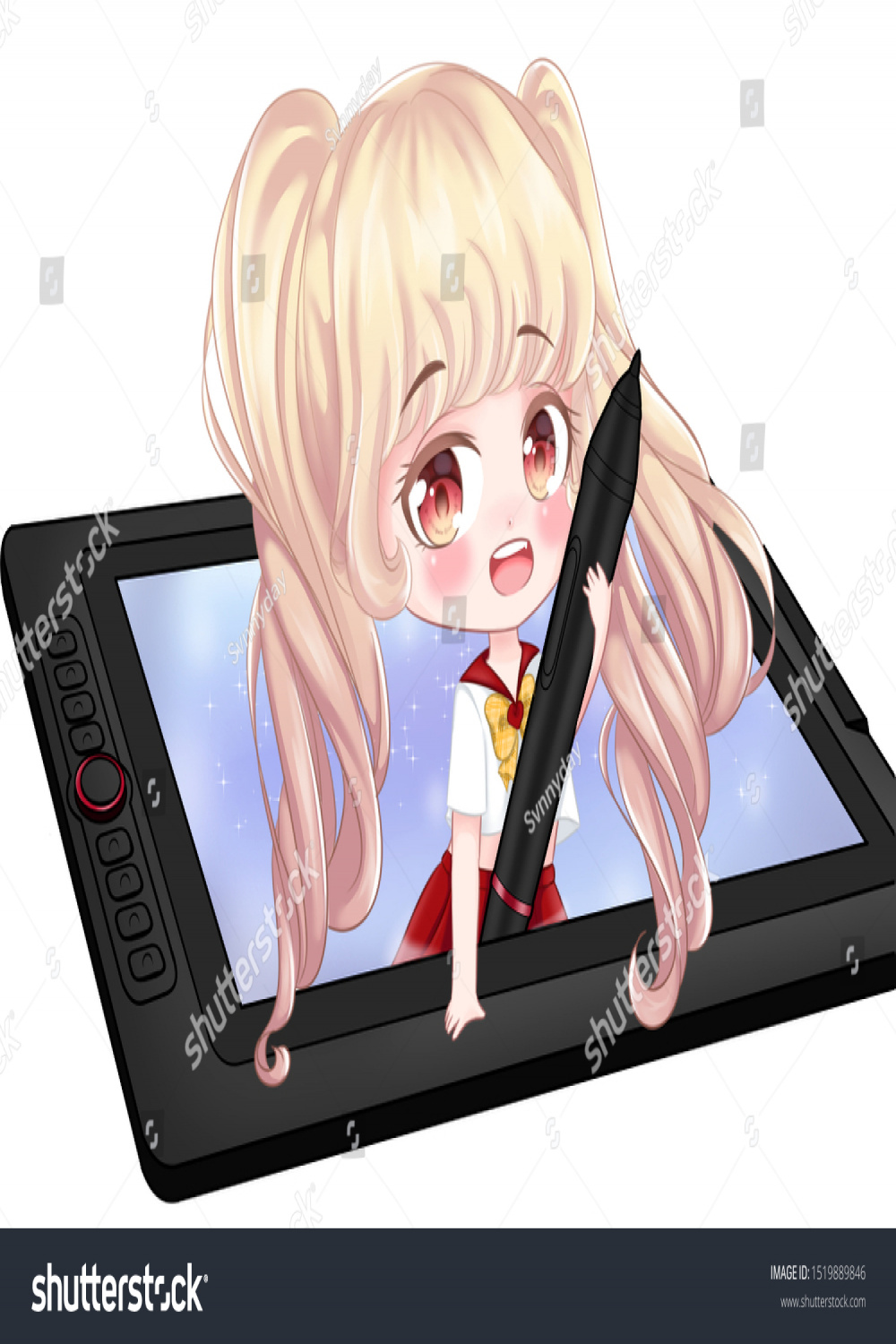 Pen Tablet Monitor Girl Cute Chibi Stock Illustration