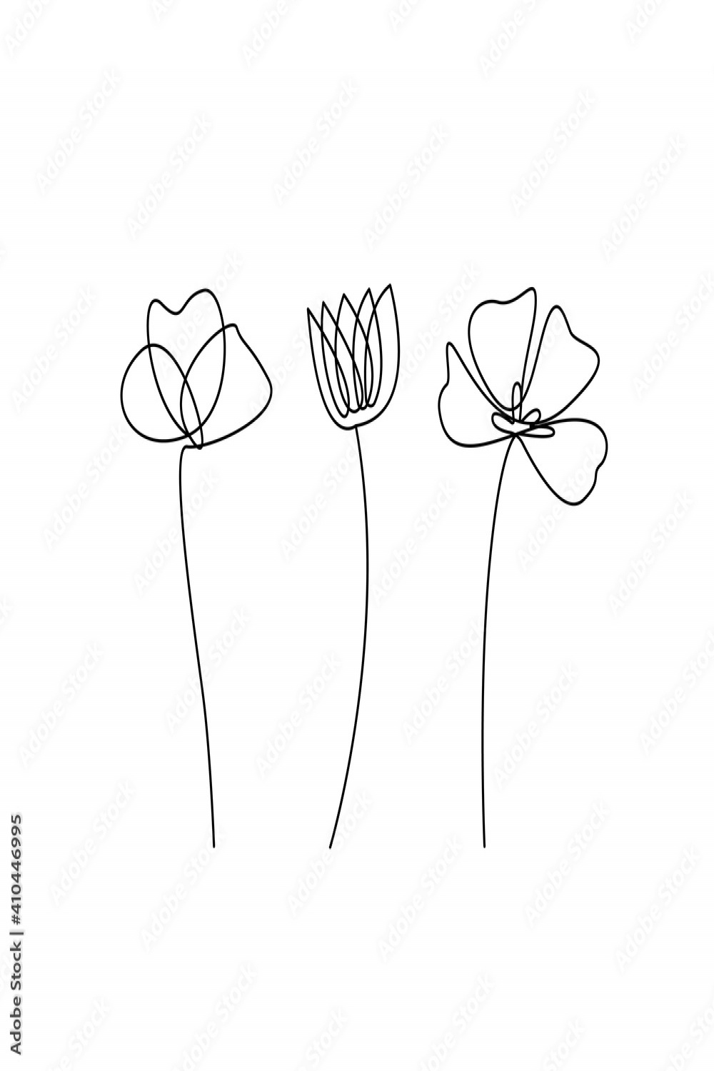 Set Hand Drawn Line Art Flowers on White Background