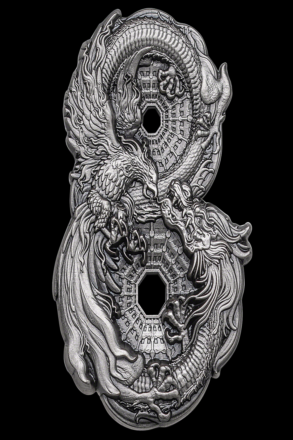 Tokelauan Silver Figure of  Dragon and Phoenix  - Antiqued