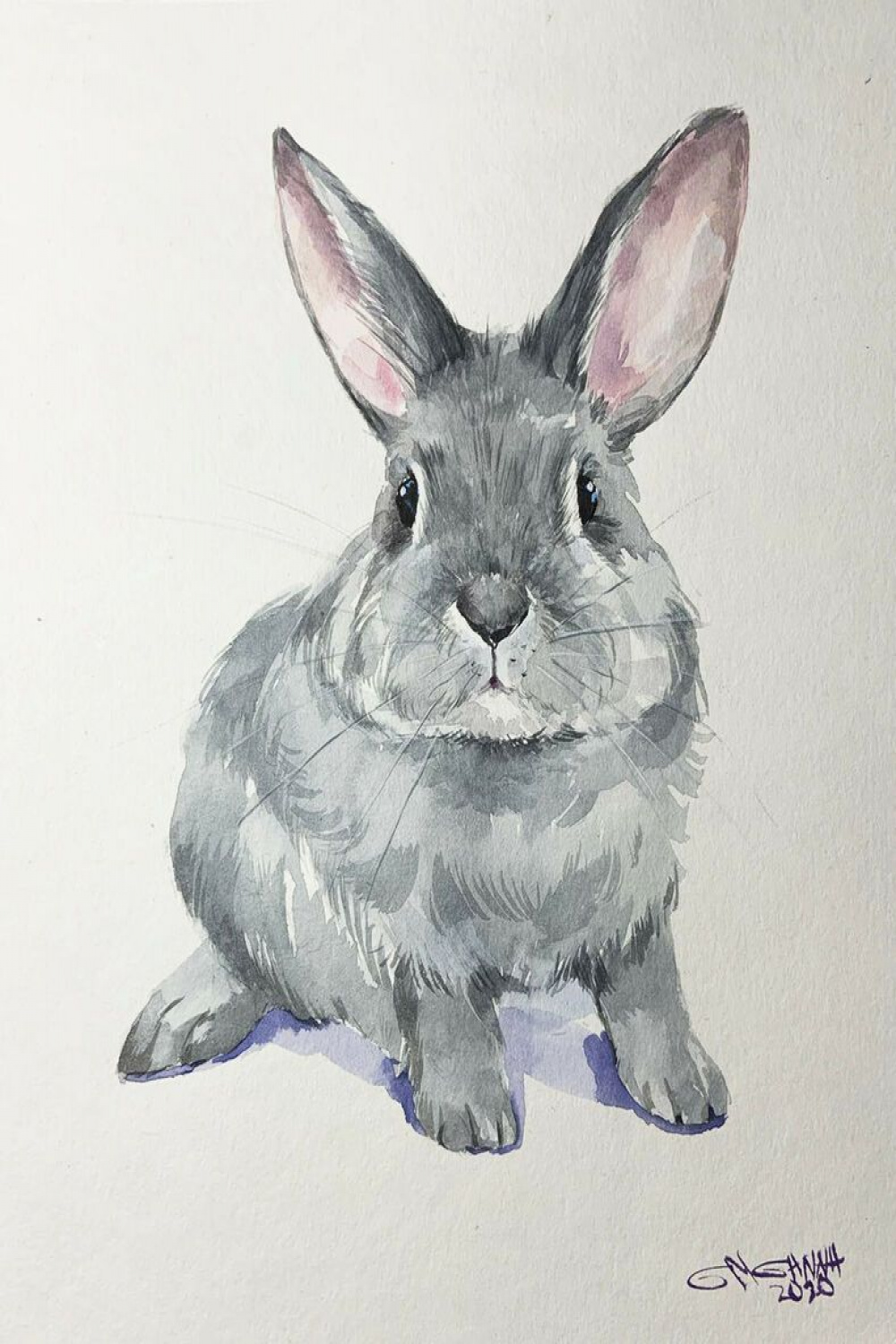 X CUTE GRAY BUNNY, RABBIT,WILDLIFE ANIMAL ART,ORIGINAL